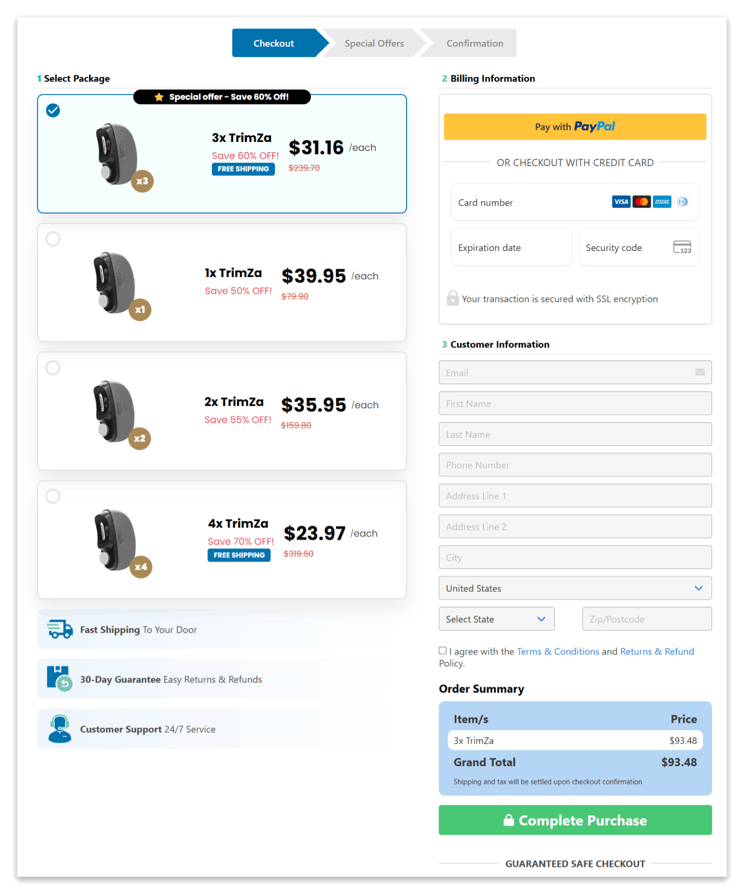 TrimZa secure checkout page
